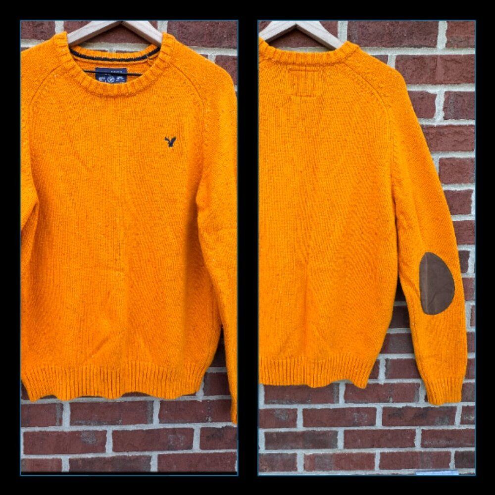 American Eagle Sweater Athletic Fit Elbow Patches Preppy Mens Medium Orange